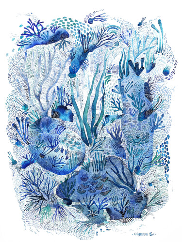 Painting titled "Mico Jardin Bleu" by Eva Girardeau, Original Artwork, Watercolor