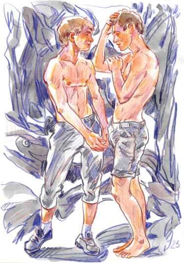 Zeichnungen mit dem Titel "Two young friends" von Sergey Sovkov, Original-Kunstwerk, Aquarell