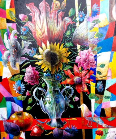 Ζωγραφική με τίτλο "Bouquet à l'oiseau" από Claude Jouan, Αυθεντικά έργα τέχνης, Λάδι Τοποθετήθηκε στο Ξύλινο φορείο σκελετό