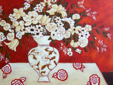 Ζωγραφική με τίτλο "Red & White Still L…" από Karen Rieger, Αυθεντικά έργα τέχνης, Ακρυλικό Τοποθετήθηκε στο Ξύλινο φορείο σ…