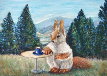 A Cup of Coffee - Squirrel art 绘画 标题为“A Cup of Coffee - S…” 由Jura Kuba, 原创艺术品, 油 安装在木质担架架上
