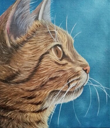 Painting titled "Portrait, chat, ani…" by Steivan Loundou, Original Artwork, Oil Mounted on Cardboard