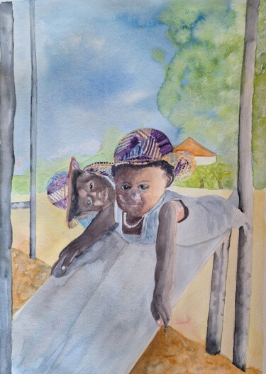 Peinture intitulée "Enfants aux chapeaux" par Pascale Coutoux, Œuvre d'art originale, Aquarelle