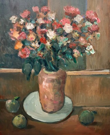 Schilderij getiteld "FLOWERS AND APPLES" door Richard Flynn Flynn, Origineel Kunstwerk, Olie Gemonteerd op Frame voor houten…