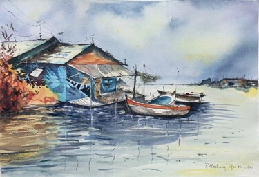 Painting titled "Escale sur l'eau" by Patricia Martinez-Quirce, Original Artwork, Watercolor