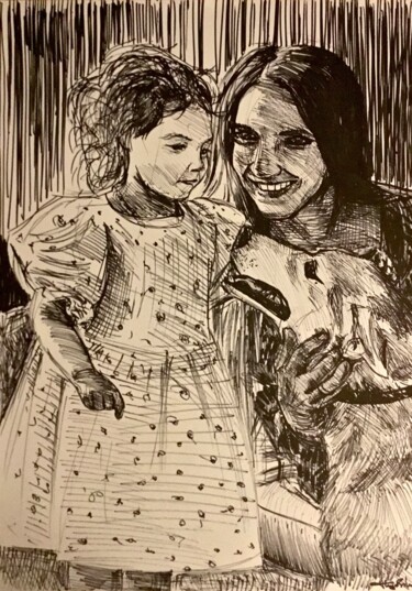 Desenho intitulada "Family with dog" por Hugo Silva, Obras de arte originais, Marcador