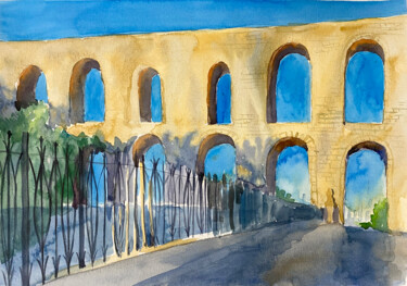Sunlit Arches – watercolor in gold and blue colors Painting titled "Sunlit Arches – wat…" by Katerina Morozova, Original Artwork, Watercolor