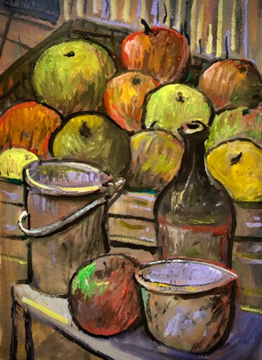Schilderij getiteld "APPLES BOTTEL AND B…" door Richard Flynn Flynn, Origineel Kunstwerk, Aquarel