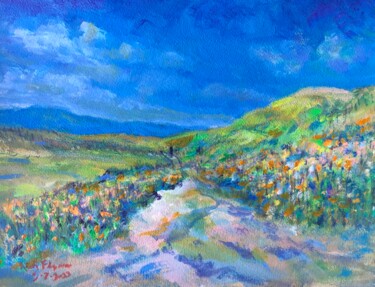 Painting titled "FLOWERS AND HILLS S…" by Richard Flynn Flynn, Original Artwork, Watercolor