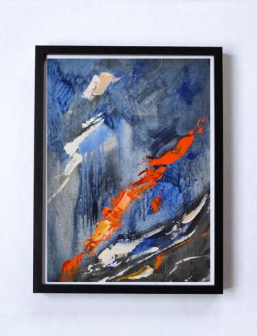 Original oil abstract painting on frame dark blue orange 绘画 标题为“Original oil abstra…” 由Olga Ponomarenko, 原创艺术品, 油 安装在纸板上