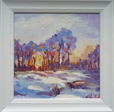 Winter Forest at Sunset Painting Landscape Original Impasto 绘画 标题为“Winter Forest at Su…” 由Svetlana Sindere, 原创艺术品, 油 安装在纸板上
