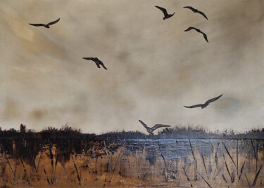 Painting titled "Le Ballet des Oisea…" by Nathalie Mitifiot Zeiger, Original Artwork, Acrylic Mounted on Wood Stretcher frame
