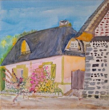 Veules les roses: maison aux hortensias Peinture intitulée "Veules les roses: m…" par Pascale Coutoux, Œuvre d'art originale, Aquarelle Monté sur Châssis en bois