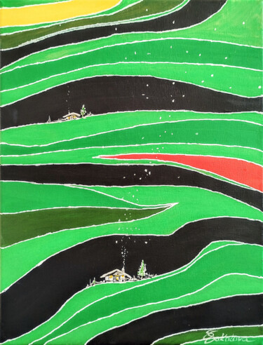 GREEN HILLS Schilderij getiteld "GREEN HILLS" door Svetlana Sokolova, Origineel Kunstwerk, Acryl Gemonteerd op Frame voor houten brancard