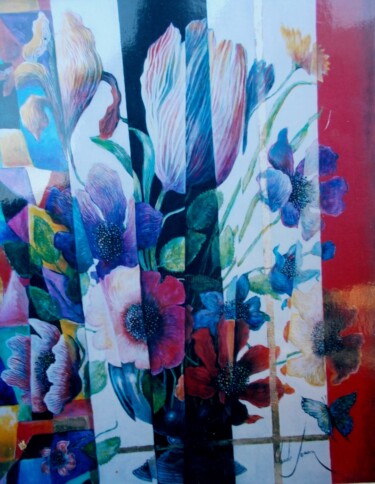 绘画 标题为“Bouquet renaissance…” 由Claude Jouan, 原创艺术品, 油 安装在木质担架架上