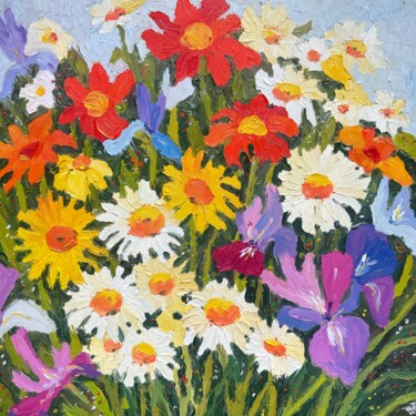 Chamomiles and Irises Under the Sky" Schilderij getiteld "Chamomiles and Iris…" door Irina Anis, Origineel Kunstwerk, Olie Gemonteerd op Frame voor houten branca…