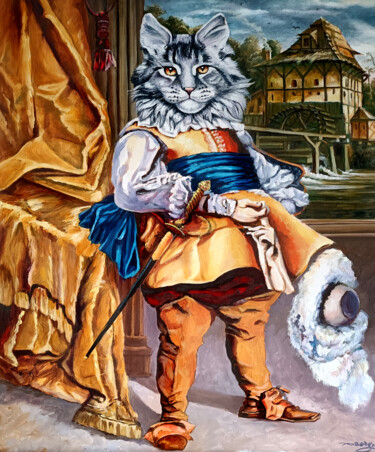 Ζωγραφική με τίτλο "le chat botté" από Agnès Borg-Burglen, Αυθεντικά έργα τέχνης, Λάδι Τοποθετήθηκε στο Ξύλινο φορείο σκελετό