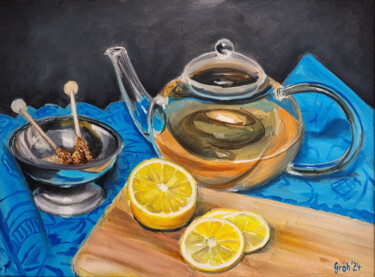 Stillleben mit Teekanne und Zitrone – Ölmalerei auf Leinwand 绘画 标题为“Stillleben mit Teek…” 由Arne Groh, 原创艺术品, 油 安装在木质担架架上