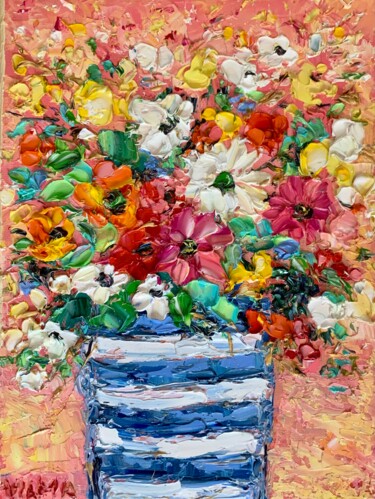 Flowers Bouquet Oil Painting On Canvas Striped Vase Artwork 「Flowers Bouquet Oil…」というタイトルの絵画 Vilma Gataveckieneによって, オリジナルのアートワーク, オイル