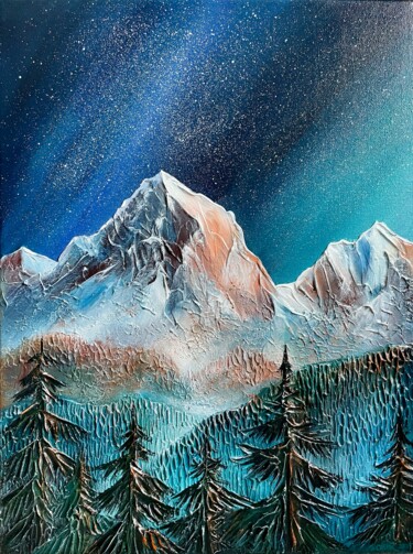 Painting titled "Night Mountains" by Anna Shkolik, Original Artwork, Acrylic Mounted on Wood Stretcher frame