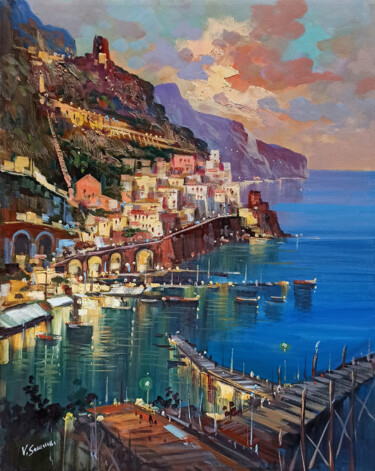 Towards the evening - Amalfi painting Italy 绘画 标题为“Towards the evening…” 由Vincenzo Somma, 原创艺术品, 油 安装在木质担架架上