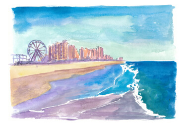 Waves and Wheel in Daytona Beach Peinture intitulée "Waves and Wheel in…" par Artshop77, Œuvre d'art originale, Aquarelle