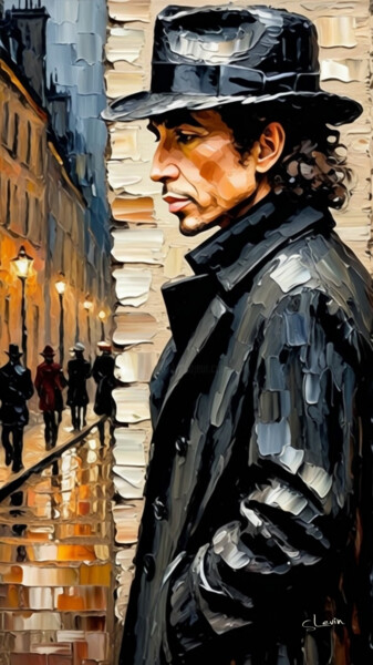 metamorphosis of Bob Dylan shadow in the alley Digital Arts titled "metamorphosis of Bo…" by Si Levin, Original Artwork, AI generated image Mounted on artwork_cat.