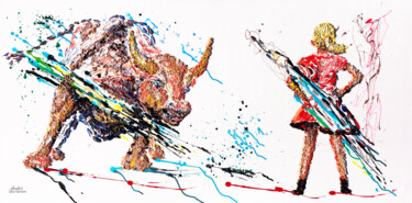 Pittura intitolato "Fearless Girl vs. B…" da Anatoli Voznarski, Opera d'arte originale, Acrilico Montato su Telaio per barel…