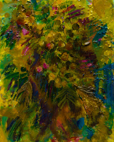 3.3 Abstract floral acrylic in greens, golds, and magentas Schilderij getiteld "3.3 Abstract floral…" door Oxerma, Origineel Kunstwerk, Acryl Gemonteerd op Frame voor houten brancard