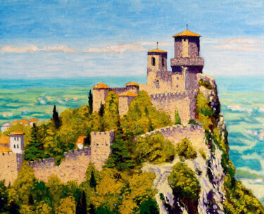 Towers of San Marino Painting titled "Towers of San Marino" by Aleksei Pleshakov, Original Artwork, Oil Mounted on Wood Stretcher frame