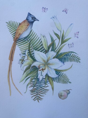 图画 标题为“Colibri in the fern” 由Ekaterina Egorova, 原创艺术品, 水彩