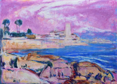 Painting titled "Cap d'Antibes" by Misha Sydorenko, Original Artwork, Oil Mounted on Wood Stretcher frame