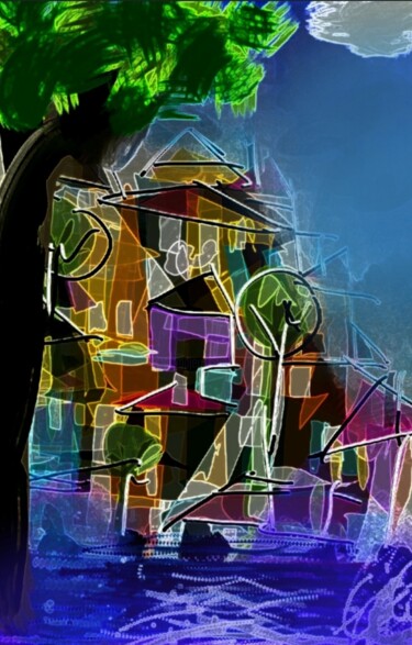 Arts numériques intitulée "Le village au bord…" par Jacky Patin, Œuvre d'art originale, Peinture numérique