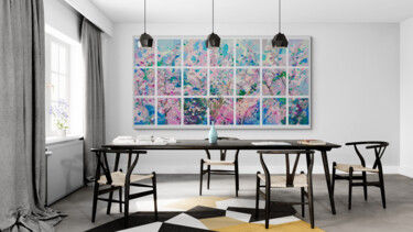 Big impressionist floral landscape in pink and blue Pittura intitolato "Big impressionist f…" da Oxerma, Opera d'arte originale, Acrilico Montato su Telaio per barella in legno