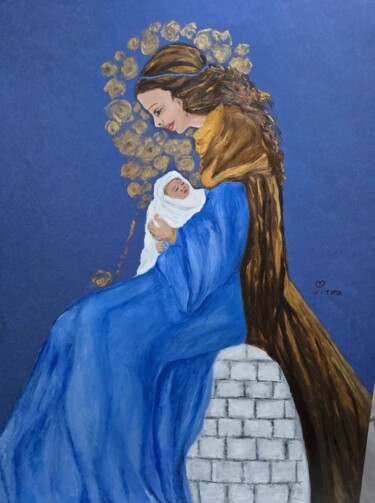 Картина под названием "Madona et l’enfant" - Chrysanthou, Подлинное произведение искусства, Масло Установлен на плексиглас