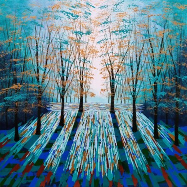 Golden Blue Forest Light Schilderij getiteld "Golden Blue Forest…" door Amanda Horvath, Origineel Kunstwerk, Acryl Gemonteerd op Frame voor houten br…