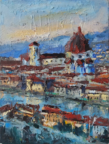 Ζωγραφική με τίτλο "Florence sunset" από Dr. Barmely, Αυθεντικά έργα τέχνης, Λάδι Τοποθετήθηκε στο Χαρτόνι