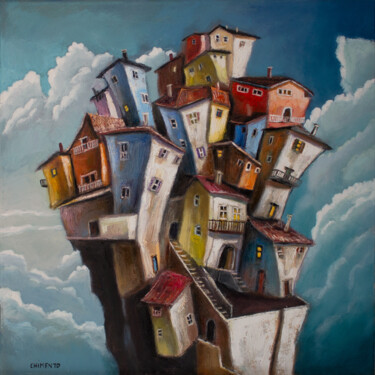 Peinture intitulée "-Un village dans le…" par Laurent Chimento, Œuvre d'art originale, Huile Monté sur Châssis en bois