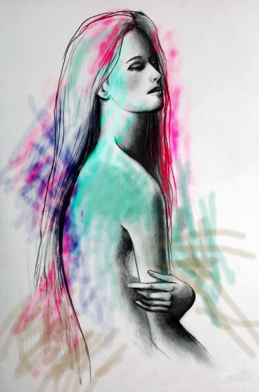 Disegno intitolato "Poetic Supermodel/cl" da Luciano Lombardi, Opera d'arte originale, Carbone