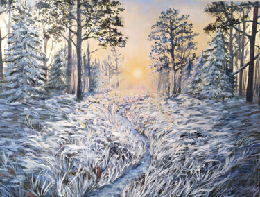 Painting titled "The first snow" by Anna Bychkova, Original Artwork, Oil Mounted on Wood Stretcher frame