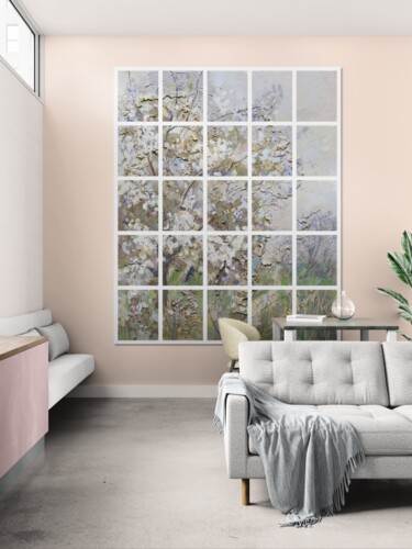 Big impressionist floral landscape in grey Pittura intitolato "Big impressionist f…" da Oxerma, Opera d'arte originale, Acrilico Montato su Telaio per barella in legno