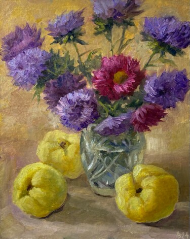 Quinces and Asters 绘画 标题为“Quinces and Asters” 由Николай Ведмидь, 原创艺术品, 油 安装在纸板上