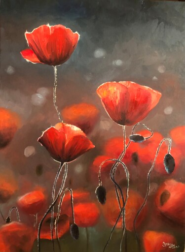 绘画 标题为“Coquelicots” 由Alexandra Uryasova, 原创艺术品, 油 安装在木质担架架上