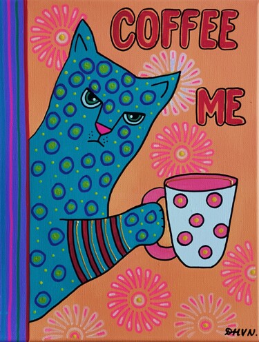 Cozy Morning Coffee Cat Naïve Acrylic Painting. 绘画 标题为“Cozy Morning Coffee…” 由Daheaven Art, 原创艺术品, 丙烯 安装在木质担架架上
