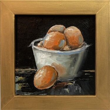White Bowl with Eggs. Schilderij getiteld "White Bowl with Egg…" door Vita Schagen, Origineel Kunstwerk, Olie Gemonteerd op Karton