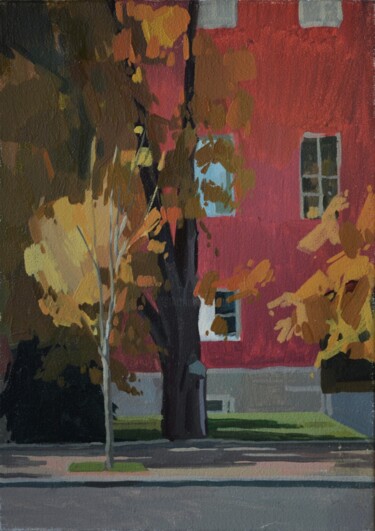 Painting titled "Red Building of KNU" by Mykhailo Urvan, Original Artwork, Oil Mounted on Wood Stretcher frame