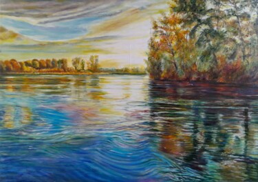 Картина под названием "Autumn at the lake" - László Benkő, Подлинное произведение искусства, Масло Установлен на Деревянная…