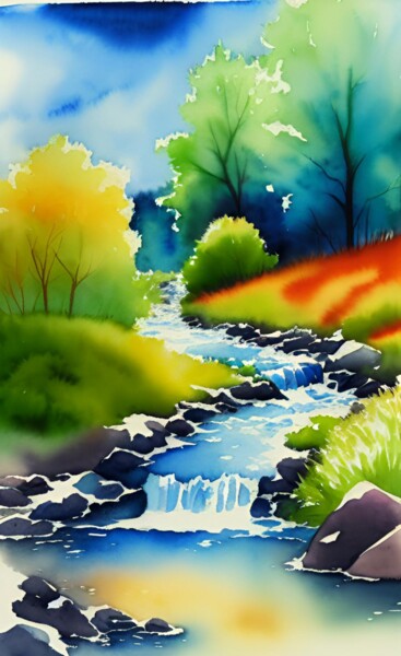 Painting titled "Serene Stream Refle…" by Steve Woodward, Original Artwork, Watercolor