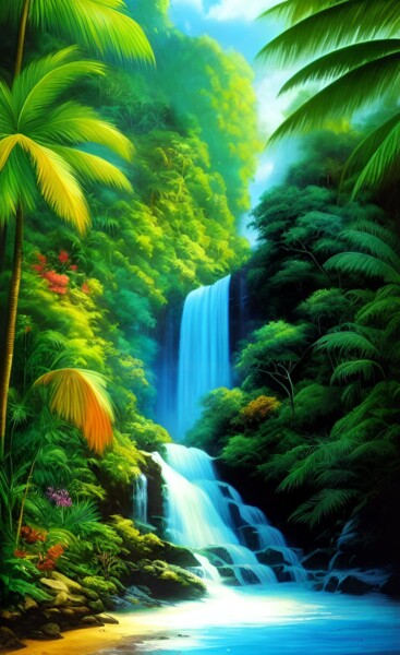 Jungle Oasis Waterfall Essence Peinture intitulée "Jungle Oasis Waterf…" par Steve Woodward, Œuvre d'art originale, Acrylique
