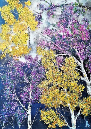 Painting titled "Lune fleurie peintu…" by Anne Robin, Original Artwork, Acrylic Mounted on Wood Stretcher frame